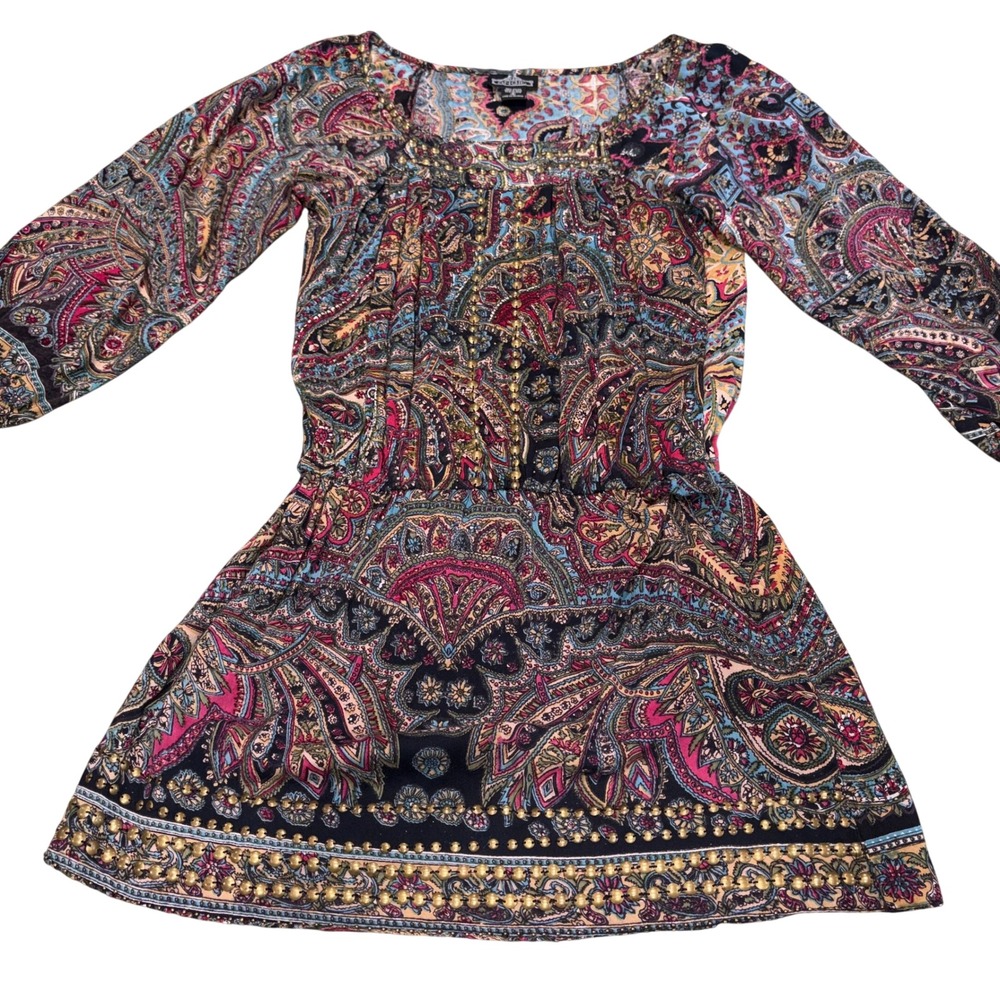 Boho Paisley‎ Studded Mini Dress Womens Small Multicolor Excellent Angie